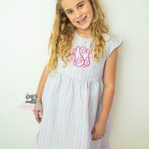Monogrammed Toddler Little Girl Rainbow Seersucker Dress
