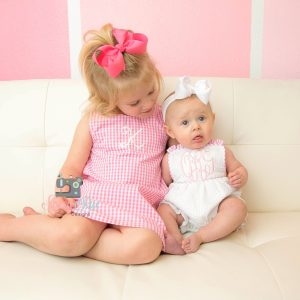 Monogrammed Infant Or Toddler Seersucker Bubble Romper With Pink Trim