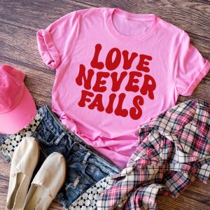 Love Never Fails In Metallic Red Shirt