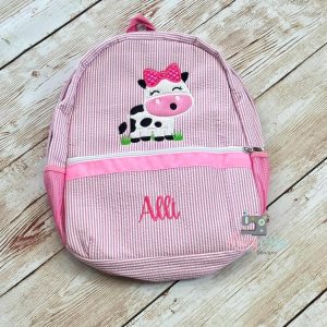 Personalized Pink Seersucker Cow Backpack: Monogrammed Preschool Bag