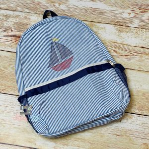 Sailboat Seersucker Preschool Backpack: Monogrammed Blue Toddler Bag