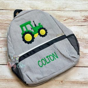 Green Tractor Seersucker Preschool Backpack: Personalized Kids Backpack