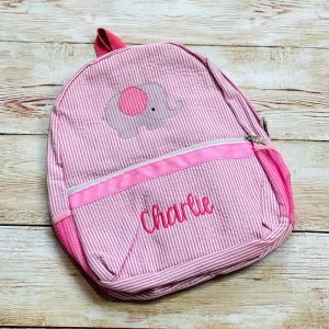 Elephant Seersucker Preschool Backpack: Personalized Monogrammed Diaper Bag