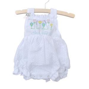 Monogrammed Infant Or Toddler White Seersucker Floral Bubble Romper